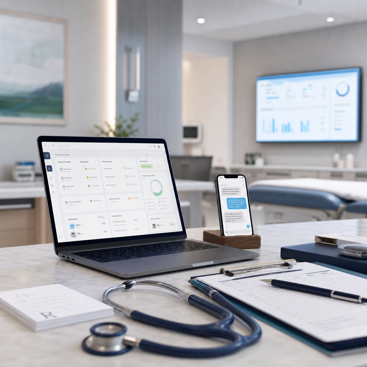 Consultório médico com dashboard de agenda, estetoscópio e mensagens de WhatsApp